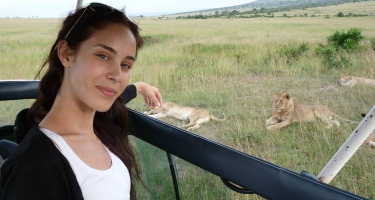 Vrouw die leeuwen observeert vanuit een safari-voertuig.