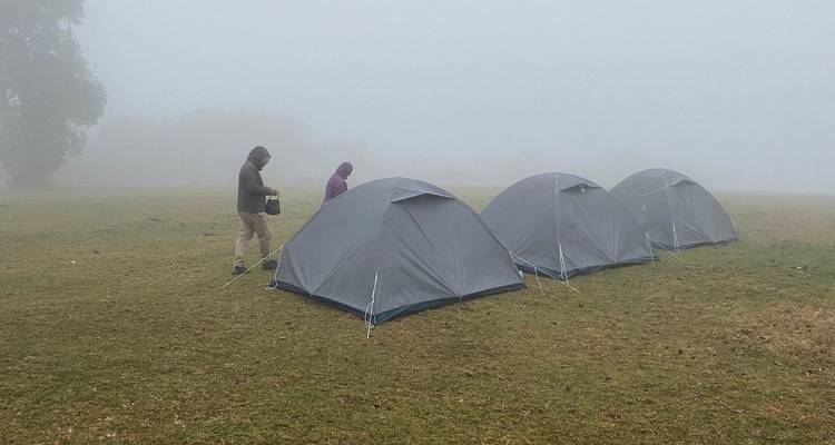 Mistige camping met twee mensen bij tenten in een veld