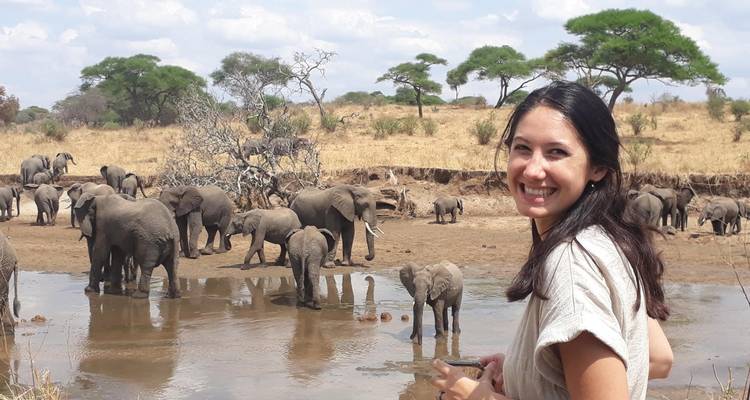 Frau lächelt mit einer Gruppe von Elefanten an einem Wasserloch.
