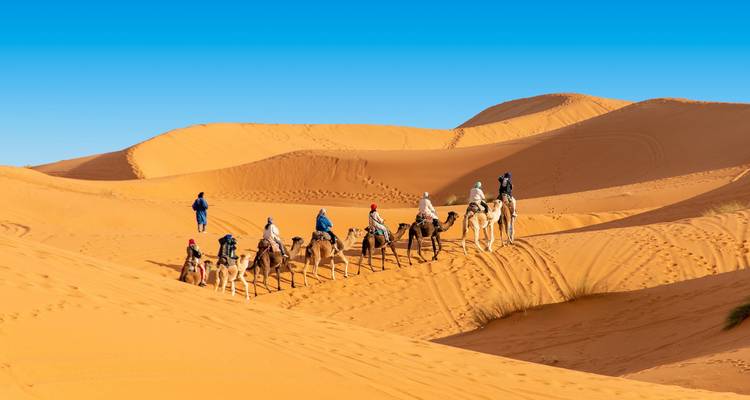Une longue file de chameaux et leurs cavaliers traverse des dunes orange immaculées sous un ciel bleu parfait dans le Sahara.
