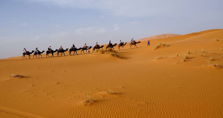 People riding camels on sand dunes in a desert landscape.