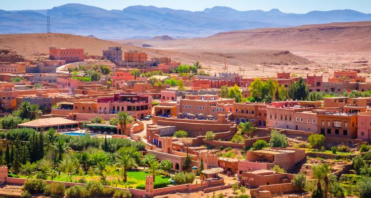 A vibrant Moroccan town with palm trees and colorful buildings.