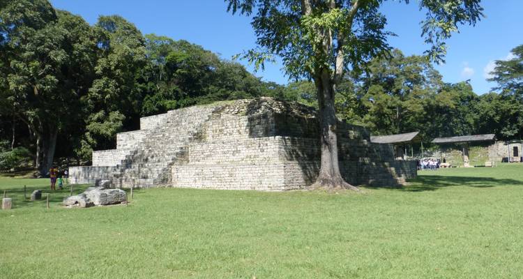Ruïnes van een trapvormige stenen piramide in een bosgebied.