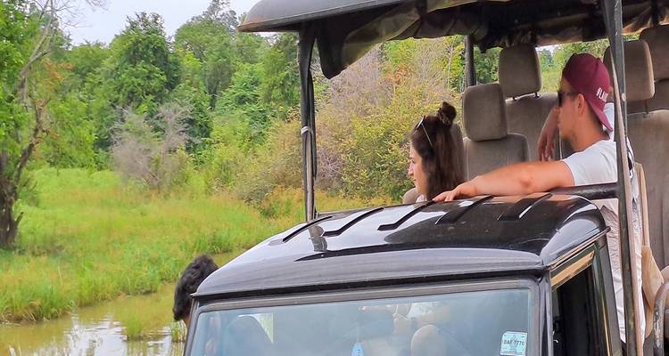 People in a safari vehicle by a waterhole.