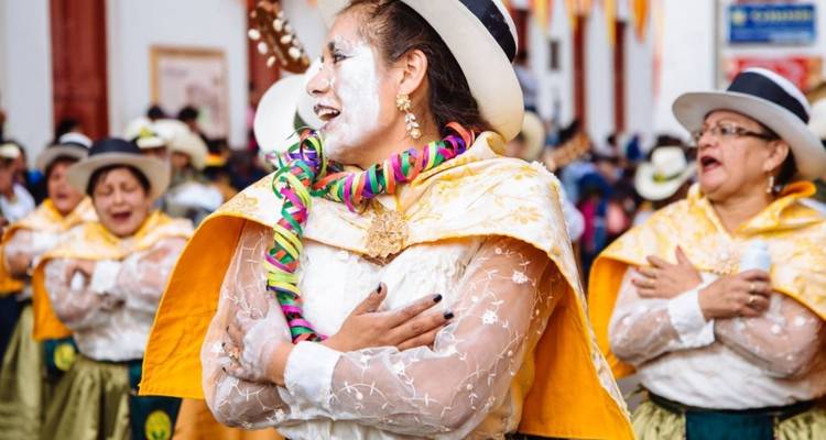 Dansers in kleurrijke kostuums die deelnemen aan een parade.
