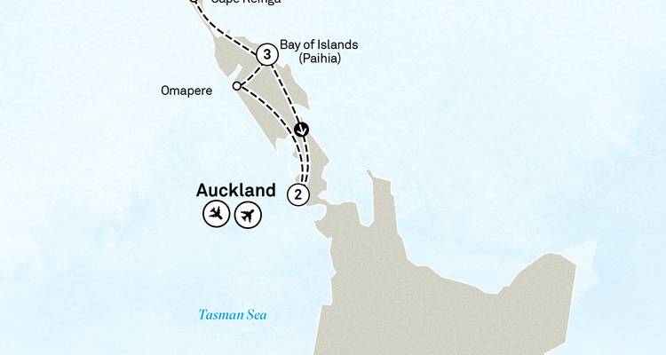 Carte de l'itinéraire de la région de Northland en Nouvelle-Zélande d'Auckland à la baie des Îles et au cap Reinga
