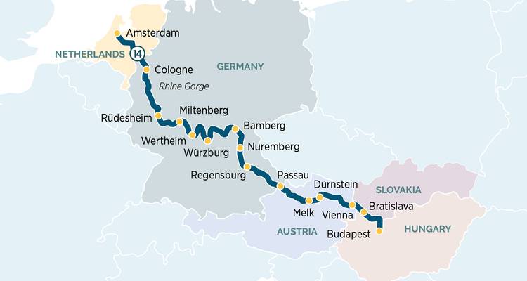 Eine Karte, die eine Tourroute durch mehrere europäische Länder skizziert.
