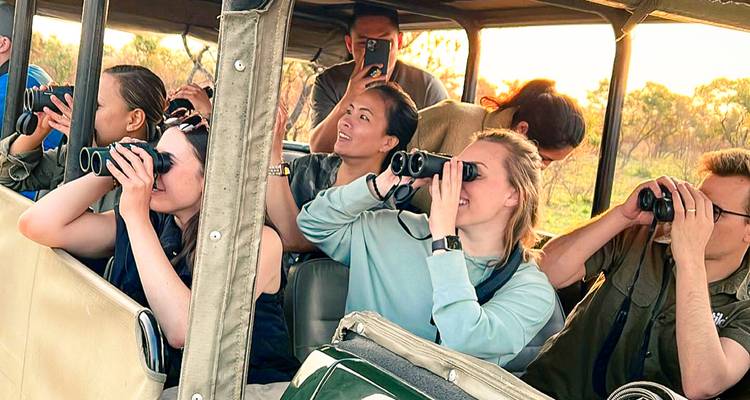 Travellers in an open safari vehicle raise binoculars to spot wildlife on the savannah.