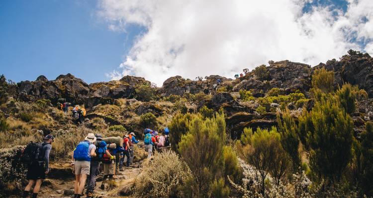 Group of hikers on a rocky path, surrounded by vegetation and a partly cloudy sky.