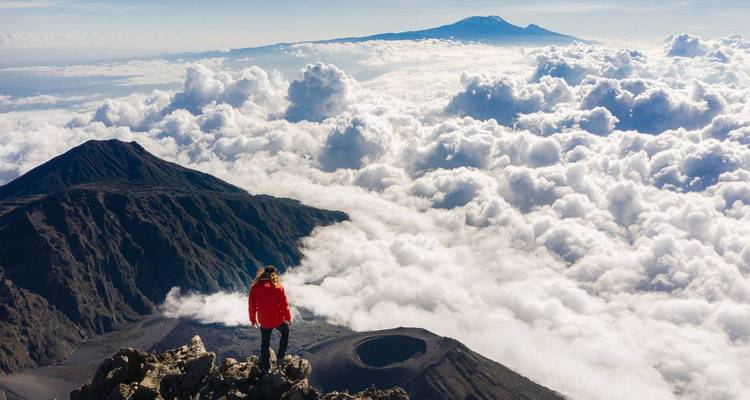 A person in a red jacket standing on a mountain peak above clouds with distant peaks.