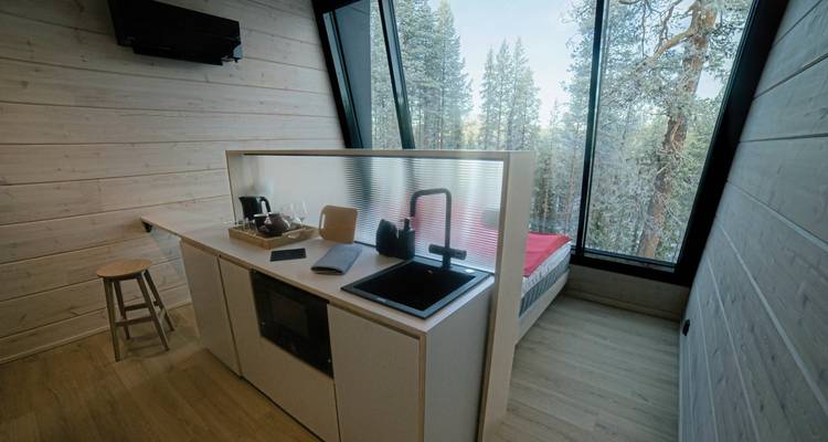 Intérieur de cabane moderne avec de grandes fenêtres donnant sur une forêt enneigée.