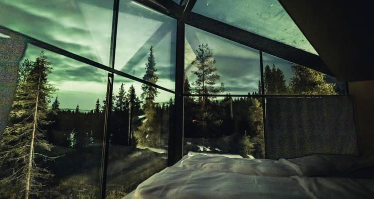 Vue nocturne depuis l'intérieur d'une cabane avec un paysage forestier.
