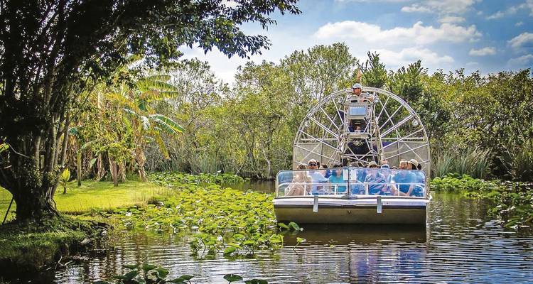 A group of people on an airboat in a river surrounded by greenery.
