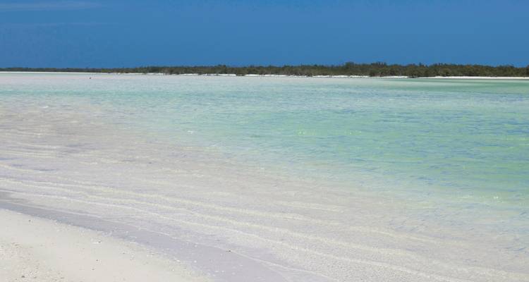 Plage tranquille avec une eau claire et peu profonde s'étendant au loin.