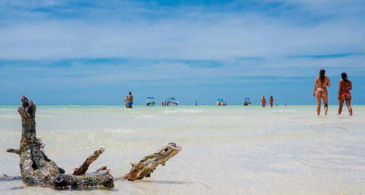 Scène de plage avec des gens qui pataugent dans l'eau peu profonde et des bateaux au loin.