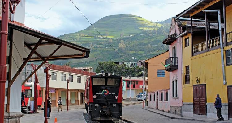 Trein op een station met bergen op de achtergrond.