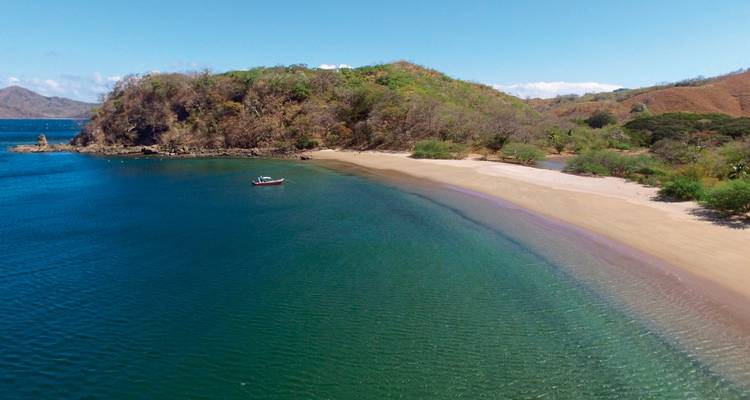 Een rustig strand met een boot in de verte en weelderig groen.