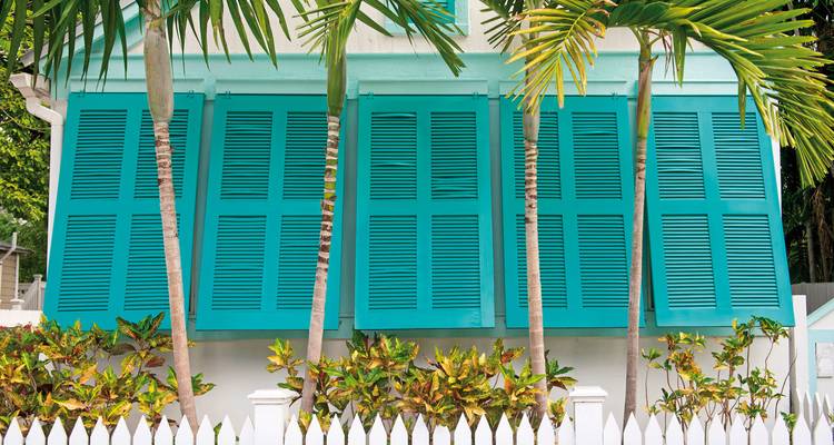 Jolie maison tropicale avec volets turquoise et palmiers.