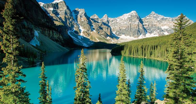 El lago Moraine de aguas cristalinas y azules rodeado de pinos y majestuosos picos nevados.