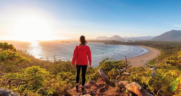 Person standing on a cliff overlooking ocean and coastline at sunset.