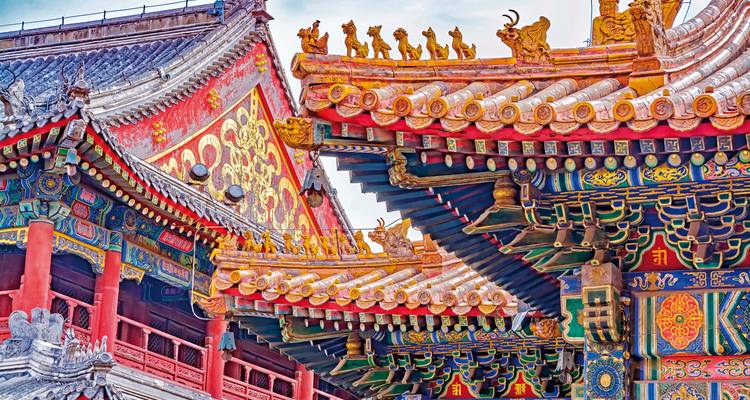 Kleurrijke en gedetailleerde bovenaanzicht van traditionele Chinese tempeldaken.