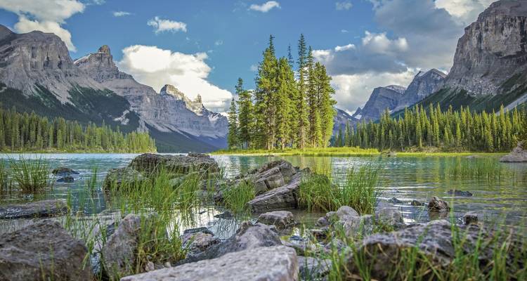 Petit lac entouré de grands arbres et de montagnes.