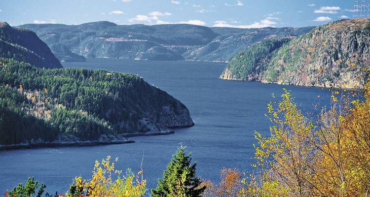 Malerische Aussicht auf einen Fjord oder Fluss, umgeben von bewaldeten Hügeln.