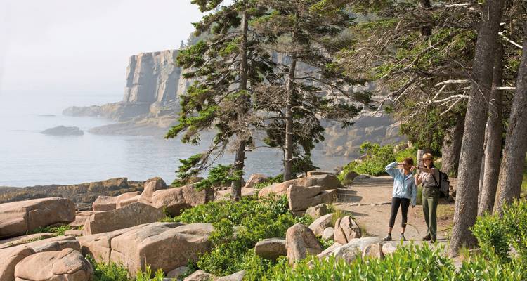 Two people walking through a coastal forest with rocky cliffs and the ocean.