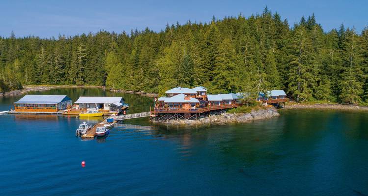 Luchtfoto van houten hutten omringd door een bosgebied.