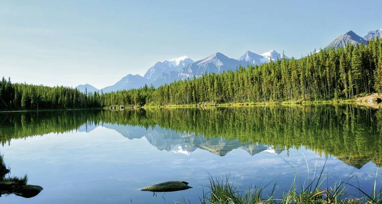 Lac calme avec reflets de forêt et de montagne.