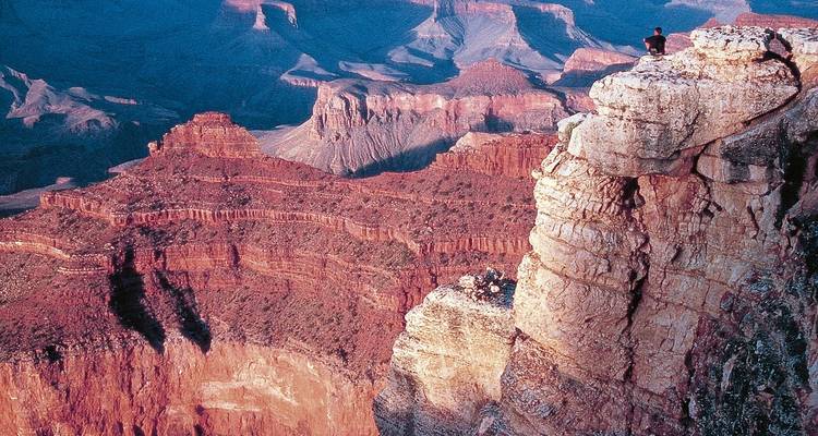 Person standing on a cliff with a vast canyon view.