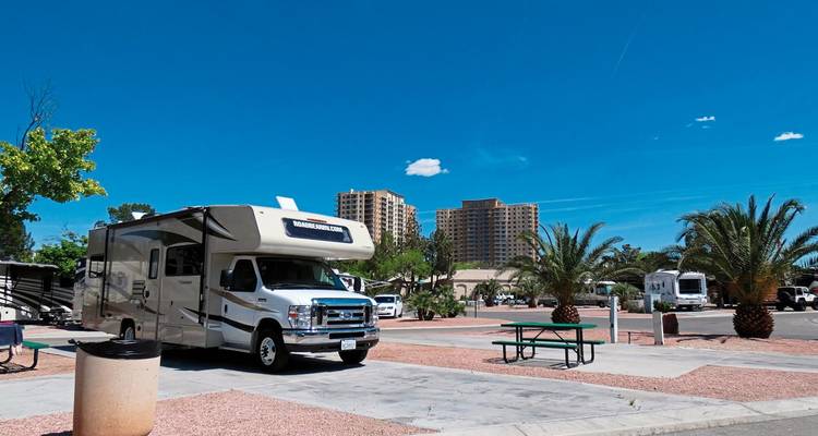 RV parked in a modern campsite with palm trees in an urban setting.
