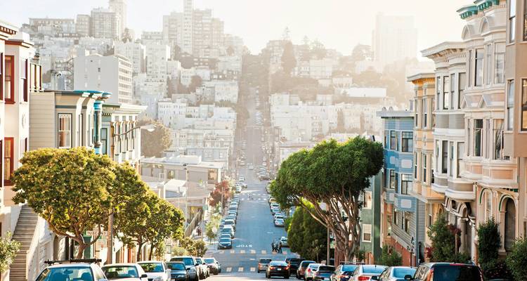 Une rue escarpée à San Francisco avec des arbres et des voitures garées.
