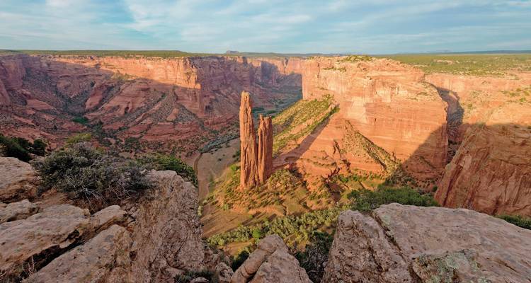 Canyon landscape with red rock formations.