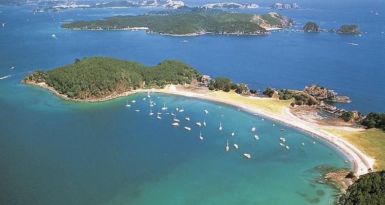 Vista aérea de una bahía con veleros anclados.