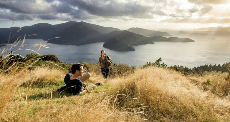Two people sitting in a grassy area overlooking water.