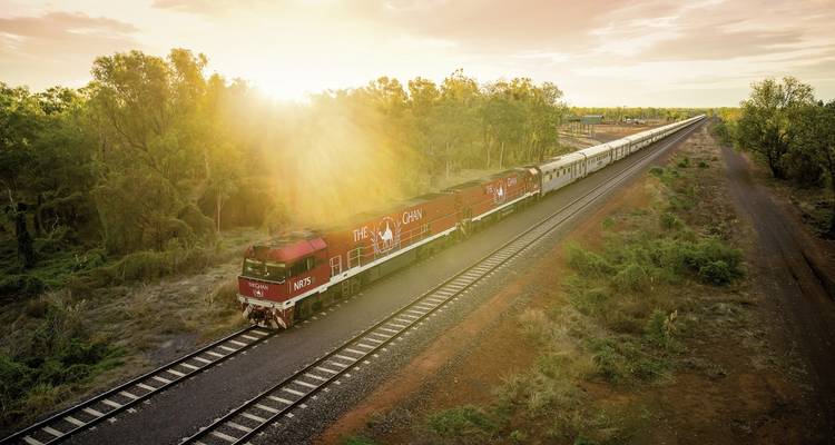 Le train The Ghan circulant sur les rails avec le soleil se couchant au-dessus des arbres.