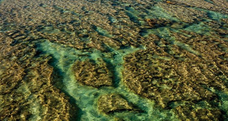 Helder ondiep water met zichtbare koraalformaties.