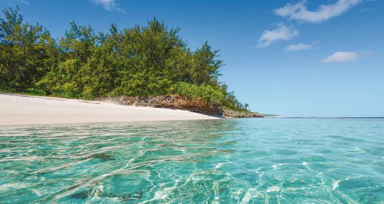 Ongerepte strand met helder turquoise water en weelderig groen.
