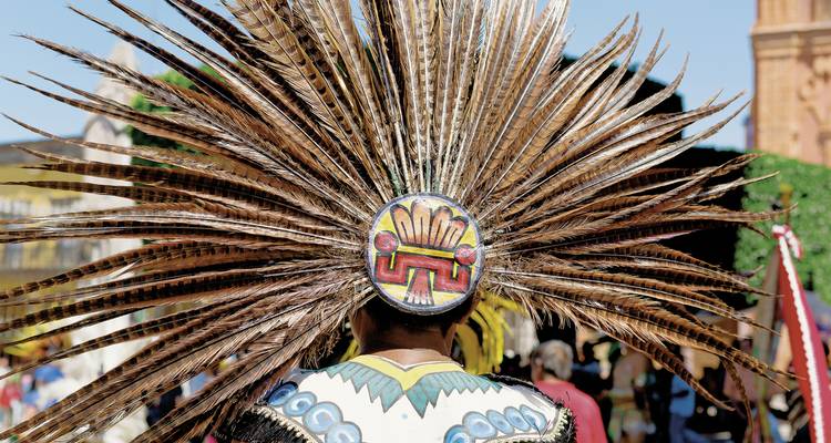 Een persoon in een levendige traditionele hoofdtooi met veren in een drukke buitenomgeving.