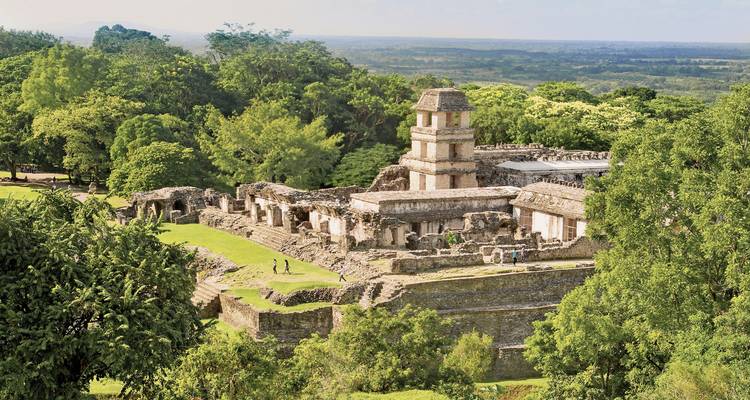 Een oude Maya-ruïne omgeven door weelderig groen met mensen die aan het verkennen zijn.
