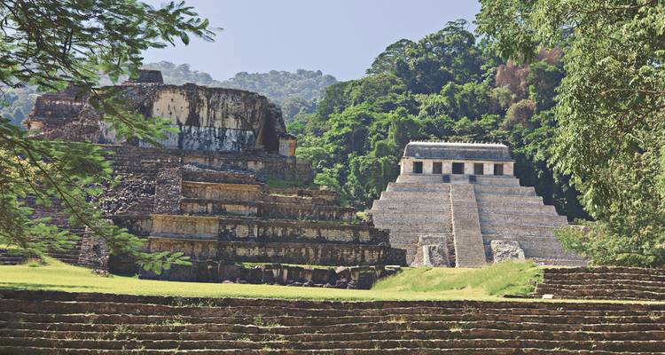 Twee grote oude piramides omgeven door dicht bos.