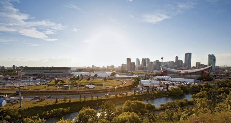Stadsgezicht met een zichtbare skyline en stadion.