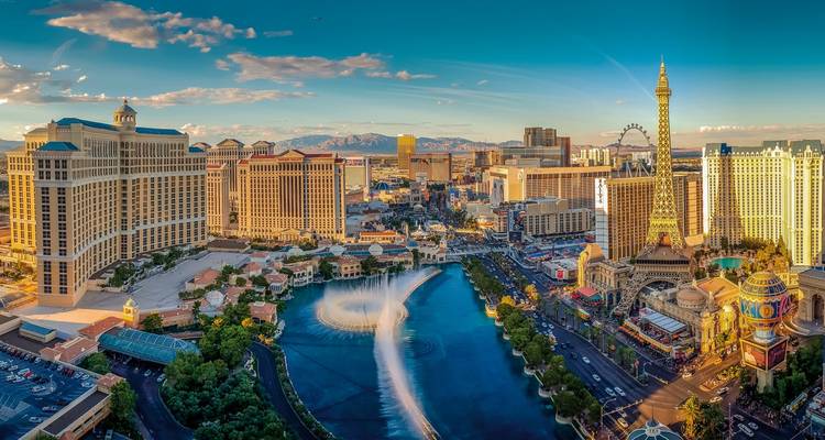 Las Vegas cityscape with fountains and hotels