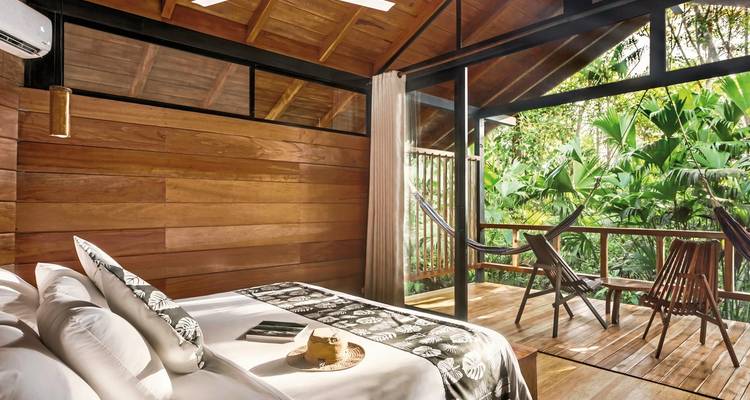 Chambre d'hôtel moderne avec une grande fenêtre ouvrant sur une végétation tropicale.