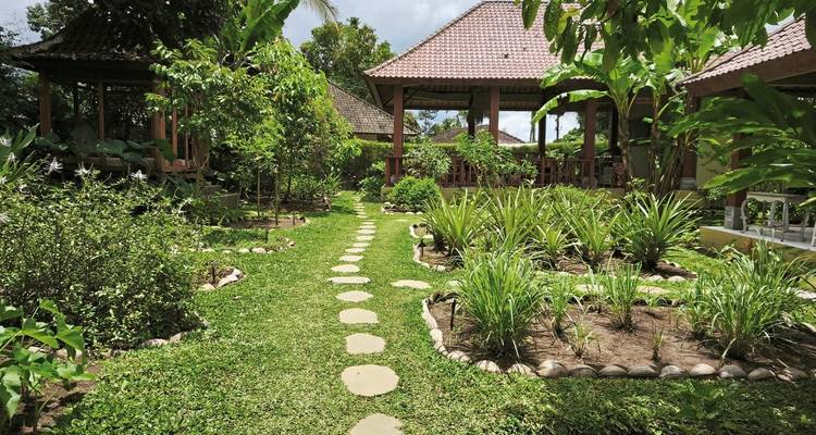 Jardin indonésien traditionnel avec des allées et une végétation luxuriante.