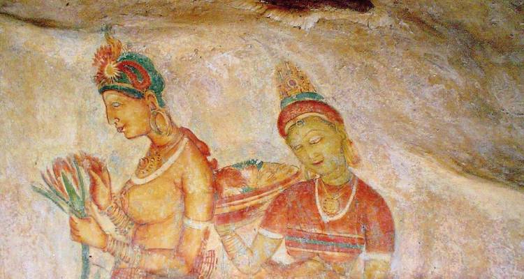 Ancient rock fresco of two adorned female figures with rich earthy tones