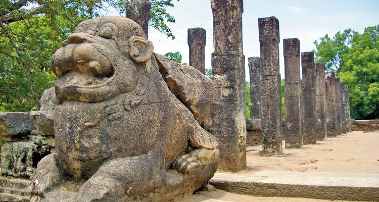 Weathered stone lion sculpture guarding a row of ancient pillars surrounded by trees