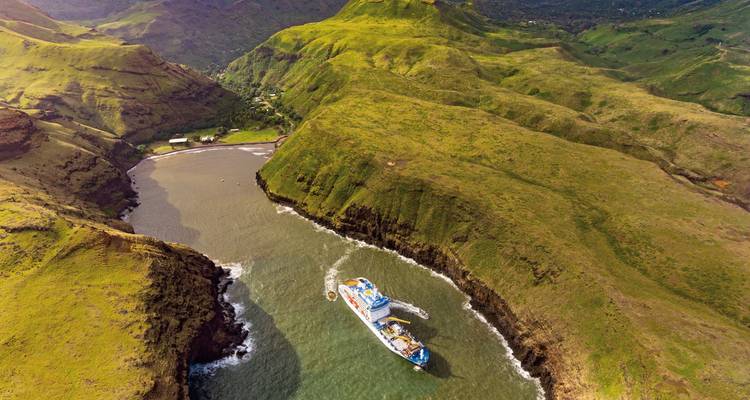 Navire de croisière dans une baie entourée de collines verdoyantes vallonnées.