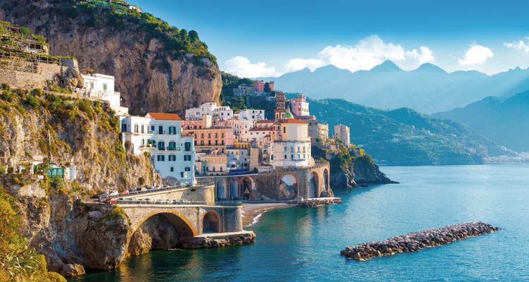 Coastal town with colorful buildings on cliffs